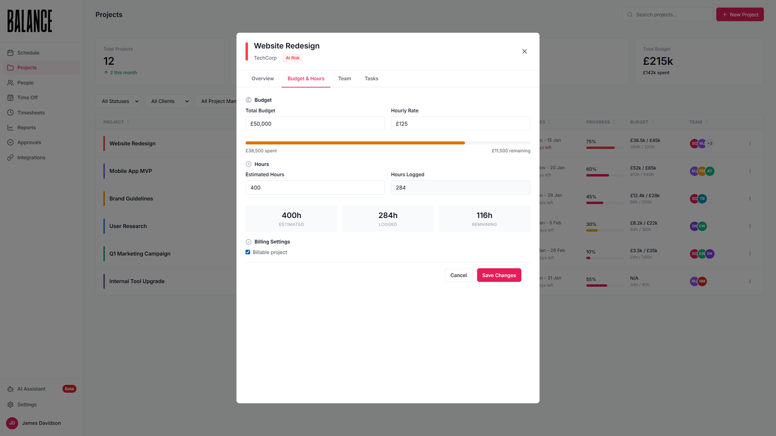 Balance project budget tracking with estimated vs actual hours