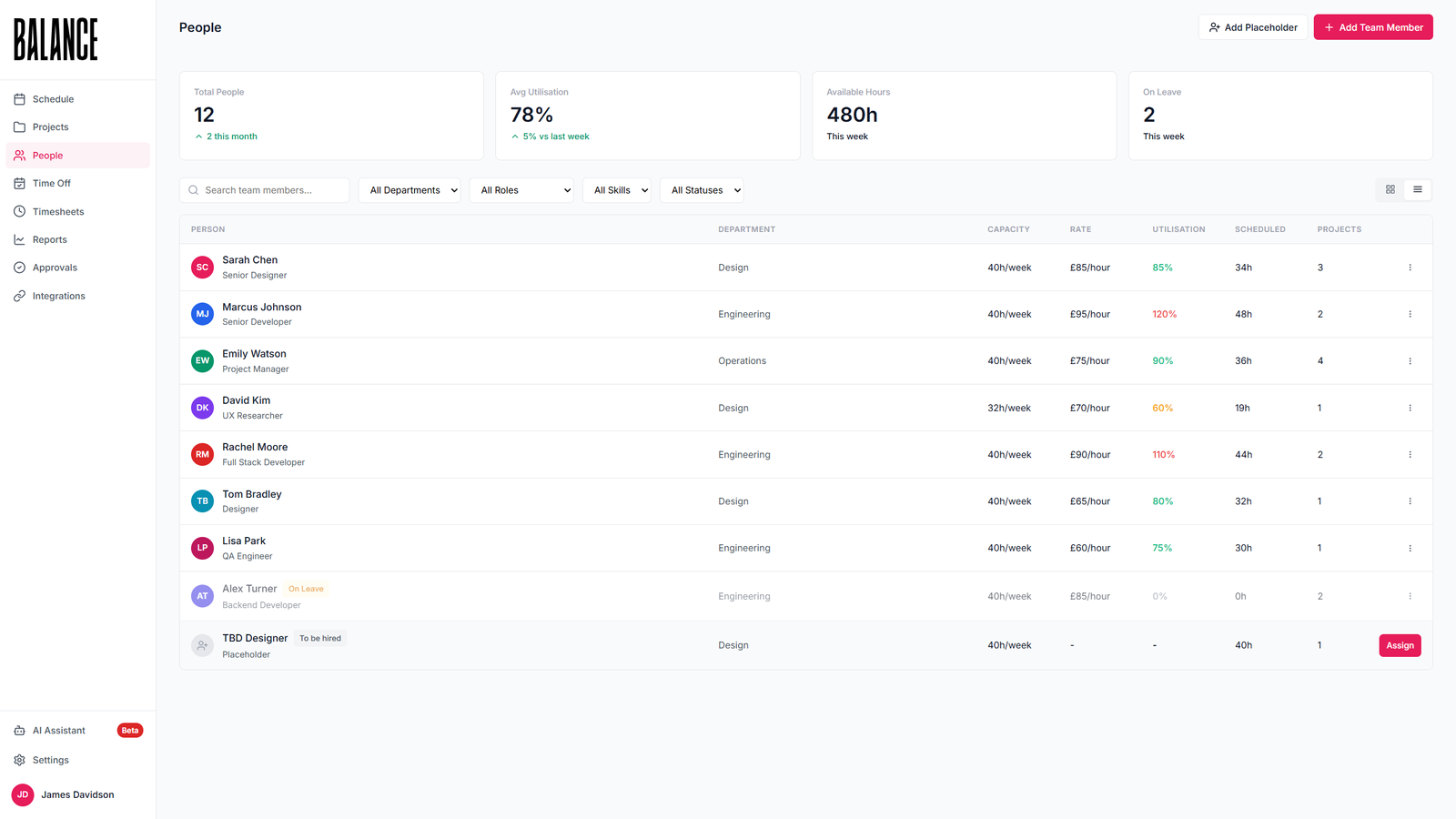 Balance team capacity and utilisation tracking view